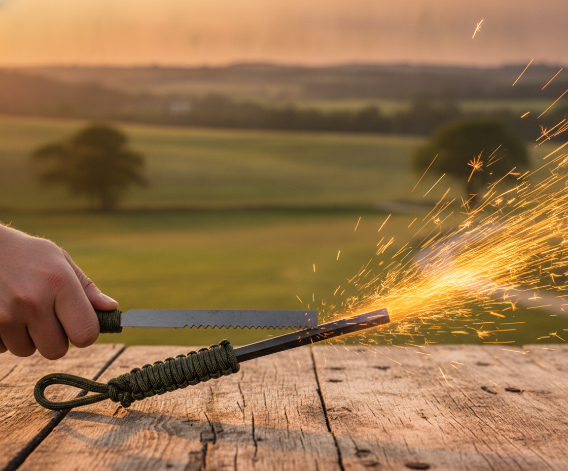 Allume-feu ferro rod avec étincelles sur table en bois
