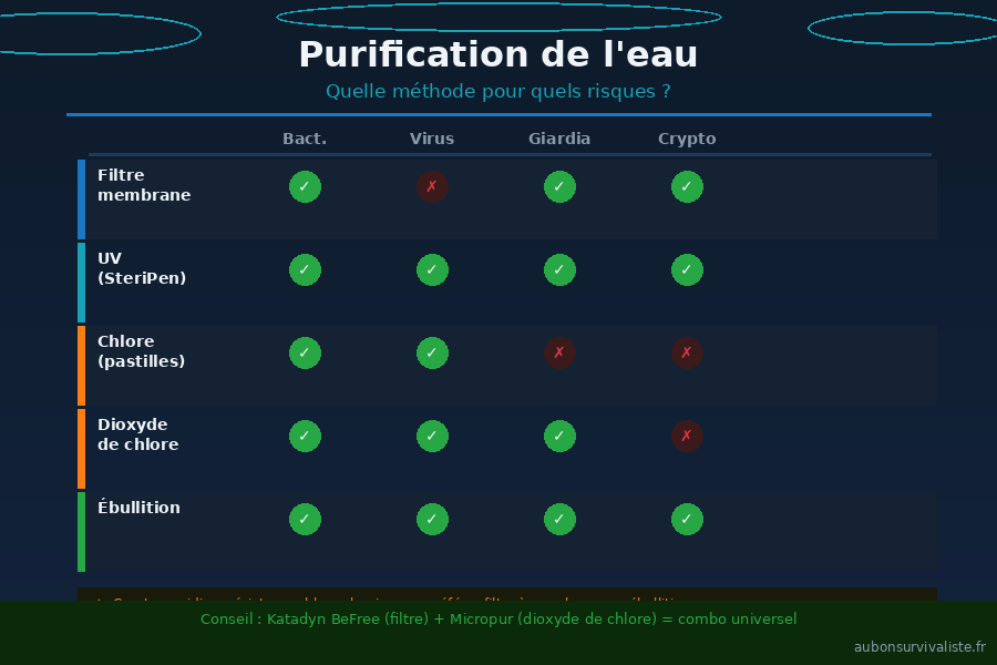 Comparatif des méthodes de purification d'eau en survie : filtre, UV, chlore, ébullition